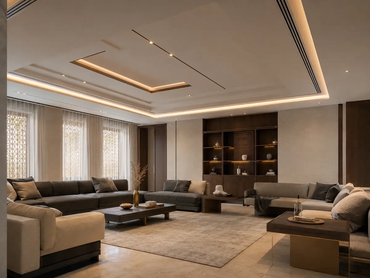 مجلس معاصر بسقف جبس هندسي وخشب داكن